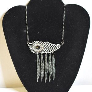 Bewitching Rhinestone Peacock Feather Black Metal Link 20" Goth Grunge Necklace